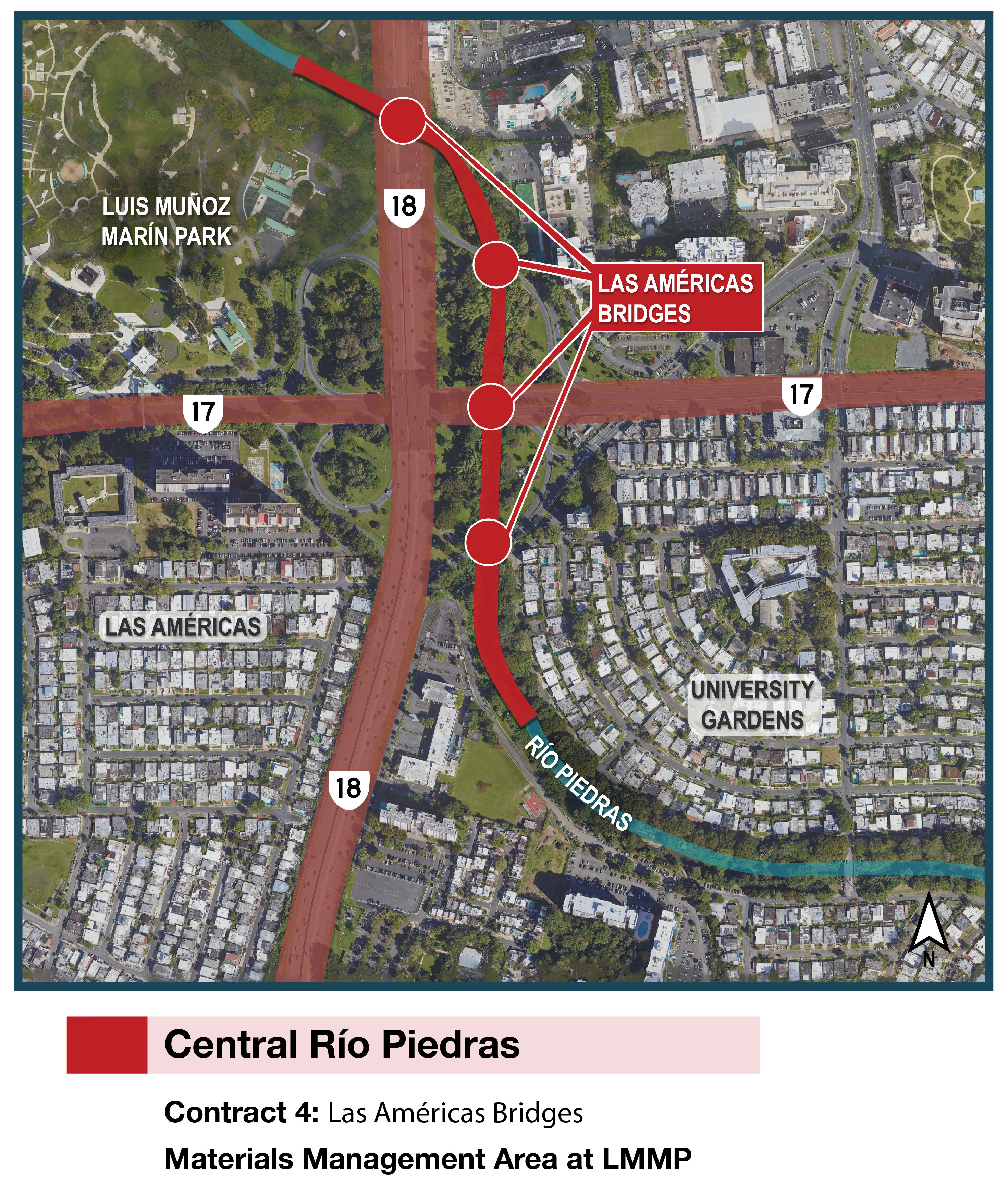 Map of the Río Puerto Nuevo Flood Risk Management Project in San Juan, Puerto Rico, showing the planned project construction on the Río Piedras at the Las Américas  Expressway and Piñero Avenue interchange.