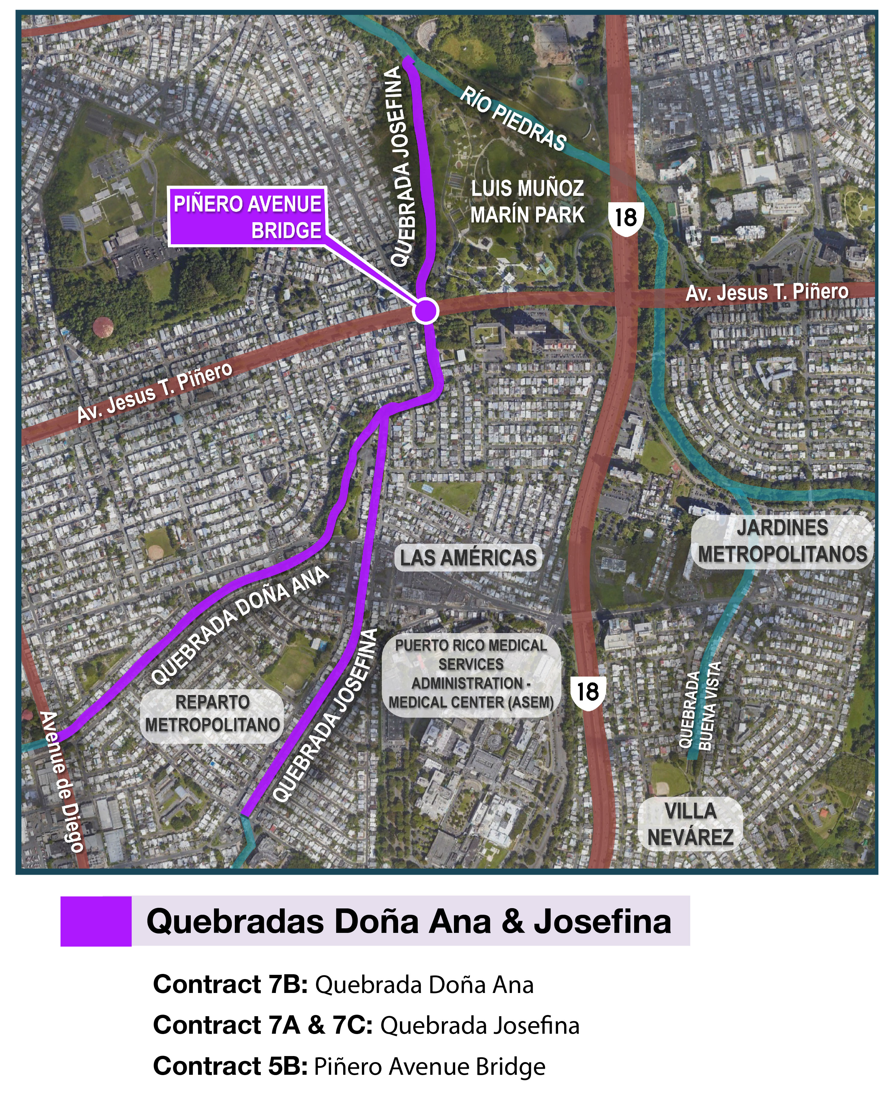 Map of the Río Puerto Nuevo Flood Risk Management Project in San Juan, Puerto Rico, showing the planned project construction on Quebradas Doña Ana and Josefina in the Reparto Metropolitano and Urbanizacion las  Américas communities.