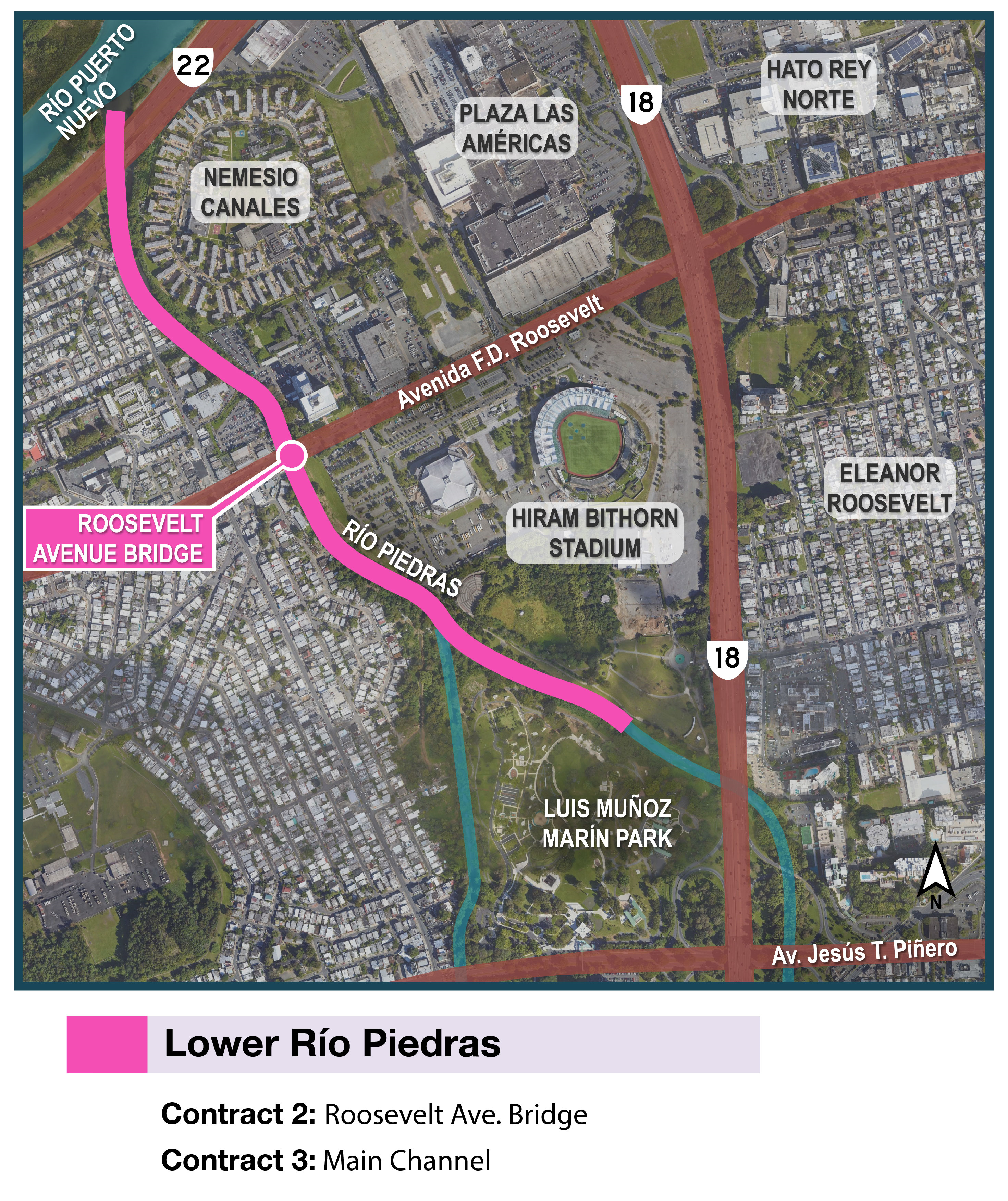 Map of the Río Puerto Nuevo Flood Risk Management Project in San Juan, Puerto Rico, showing the planned project construction on the Río Piedras between Quebrada Margarita and Luis Muñoz Marín Park.