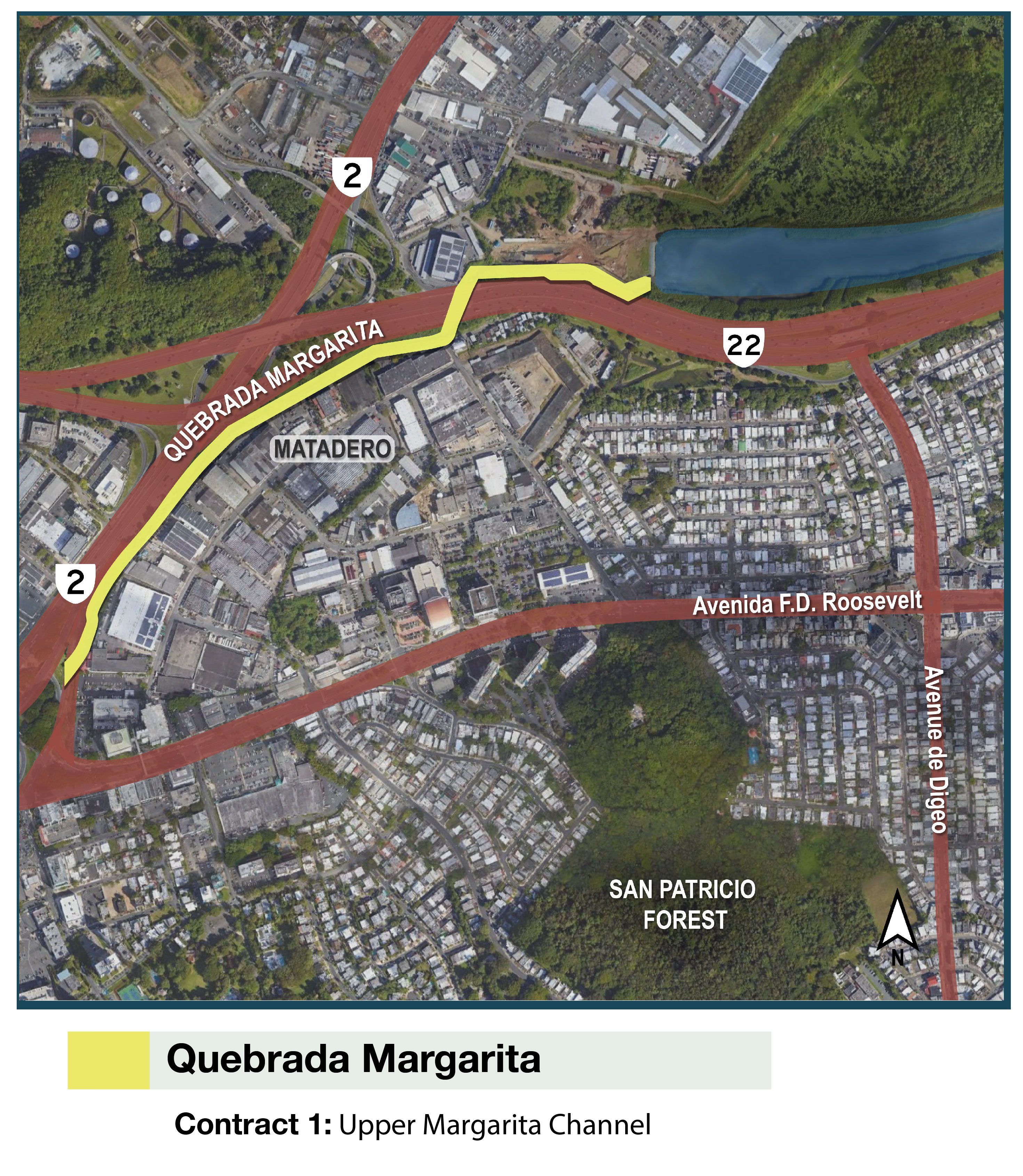 Map of the Río Puerto Nuevo Flood Risk Management Project in San Juan, Puerto Rico, showing the planned project construction on Quebrada Margarita in the Matadero industrial area of Guaynabo.