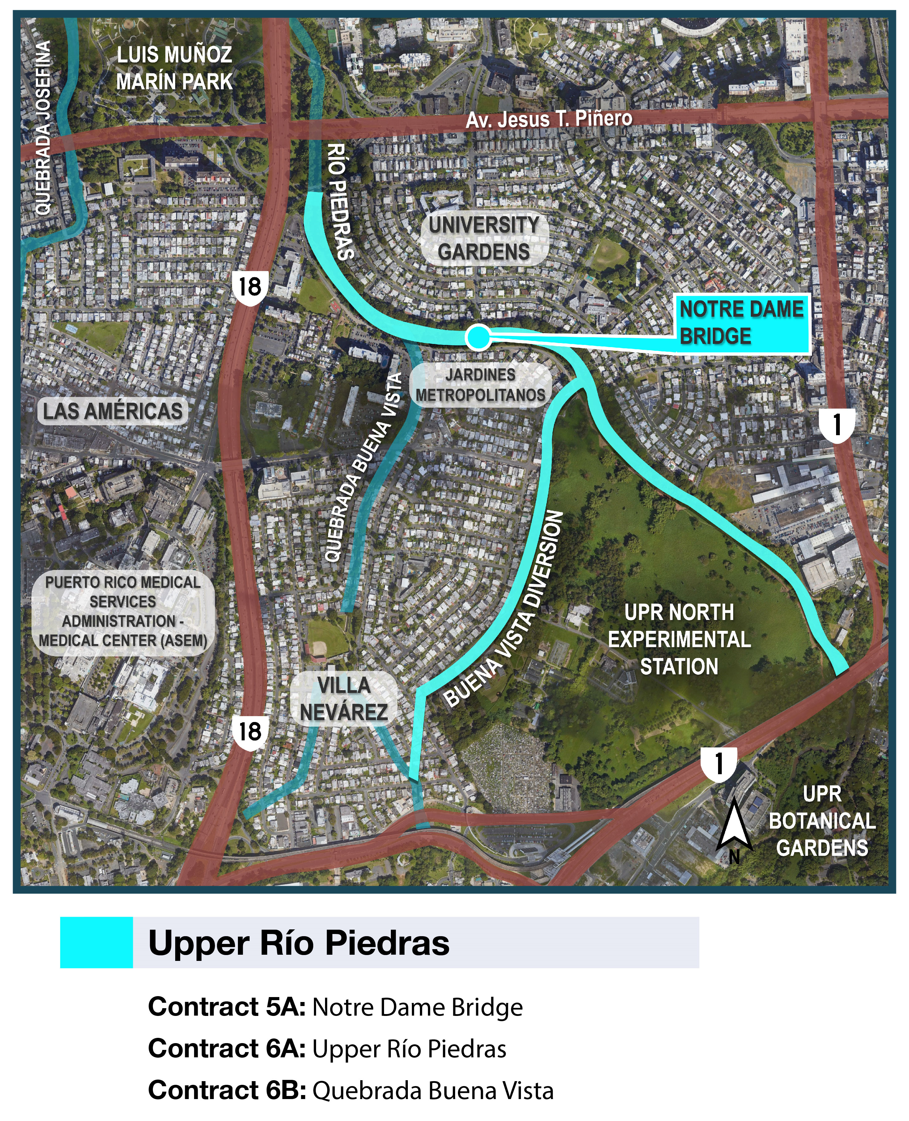 Map of the Río Puerto Nuevo Flood Risk Management Project in San Juan, Puerto Rico, showing the planned project construction on the Río Piedras and Quebrada Margarita through the through the Villa Nevárez, Jardines Metropolitanos, and University Gardens communities.